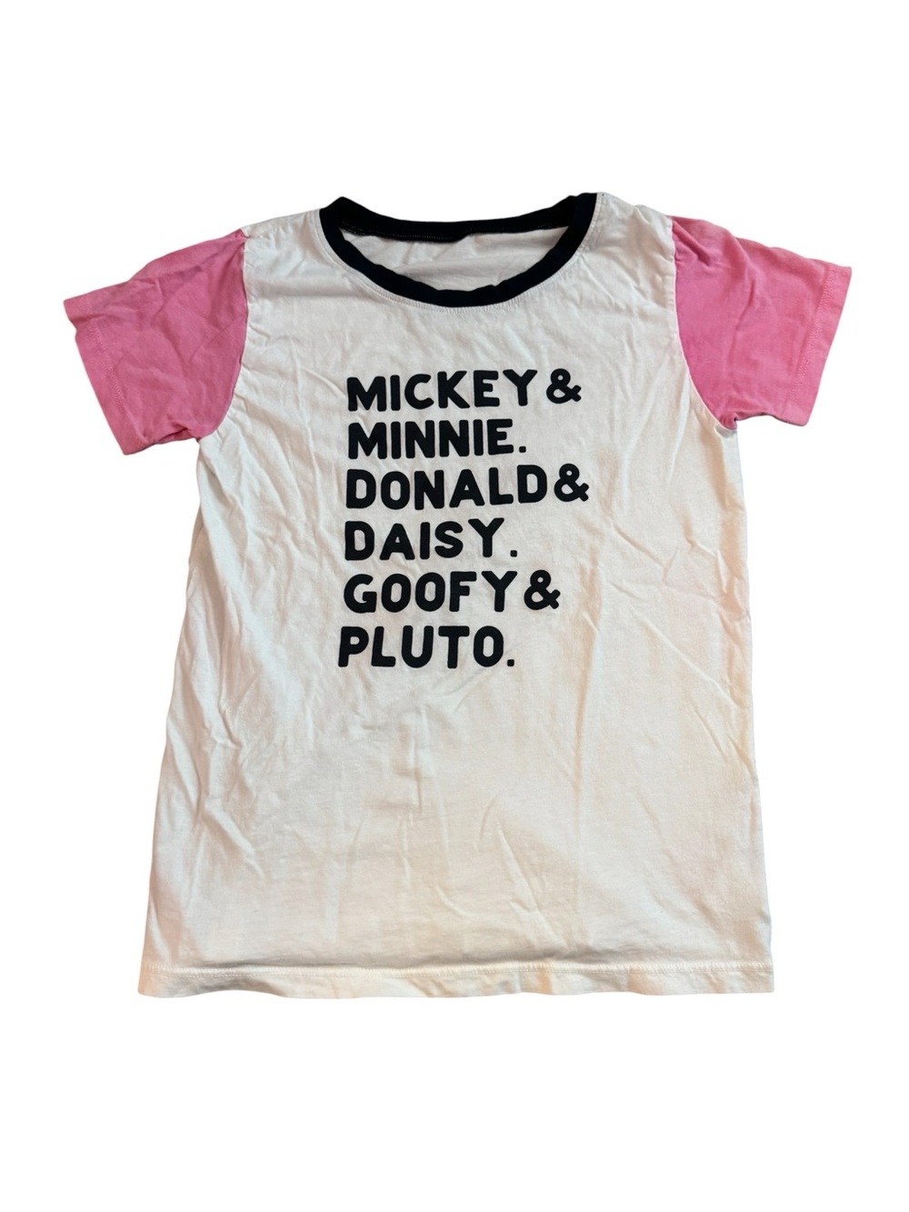 Disney White Tee with Pink Sleeves - Character Names Short Sleeve, Size Medium